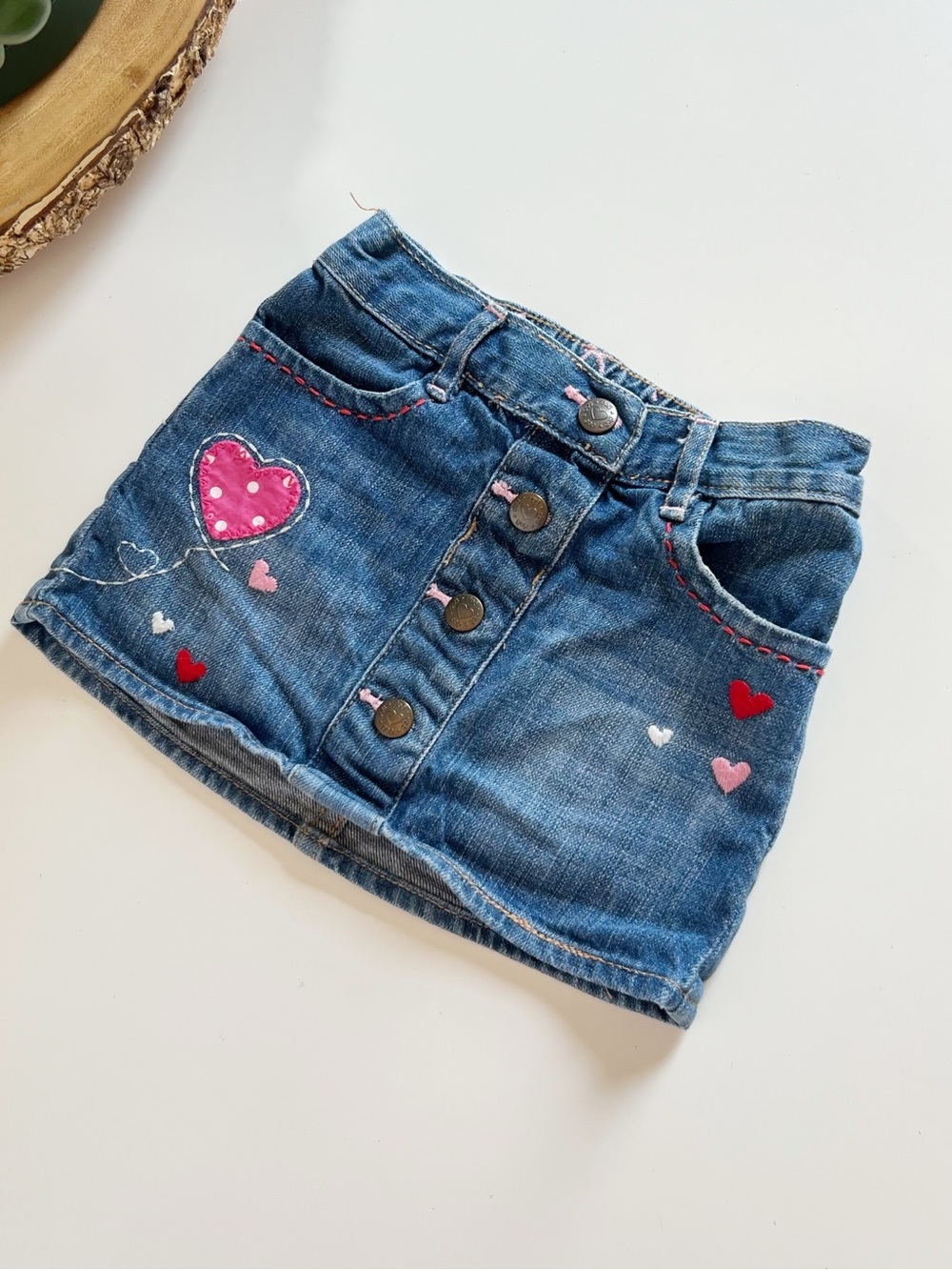 Gap Denim Mini Skirt with Embroidered Hearts | Size 4
